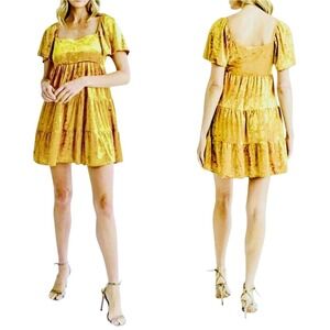 All IN FAVOR Flutter Sleeve Tiered Crushed Velvet Babydoll Mini Dress, Gold, Med